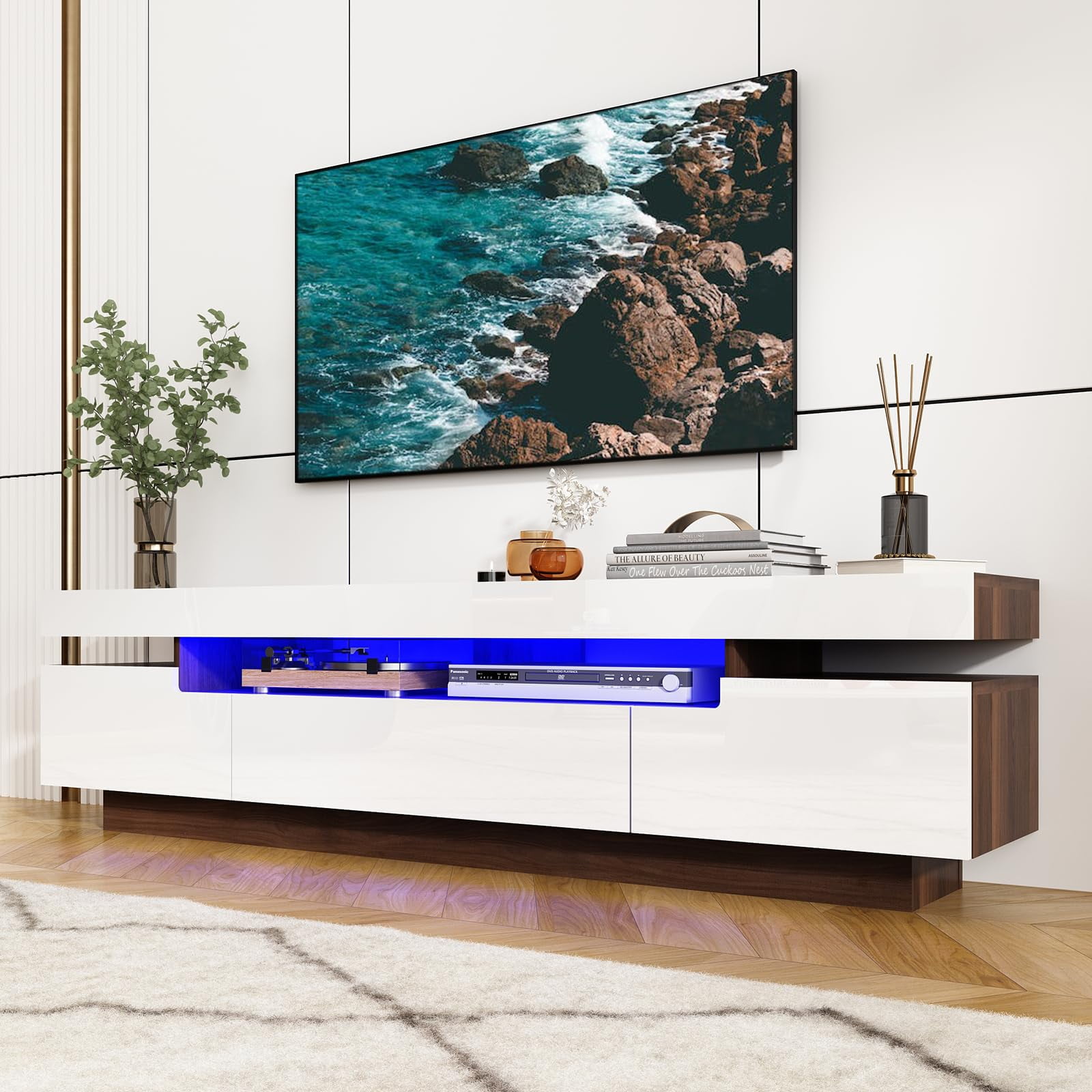 ChVans Led TV Stand for 85 80 75 inch TV 70.9IN High Gloss Modern