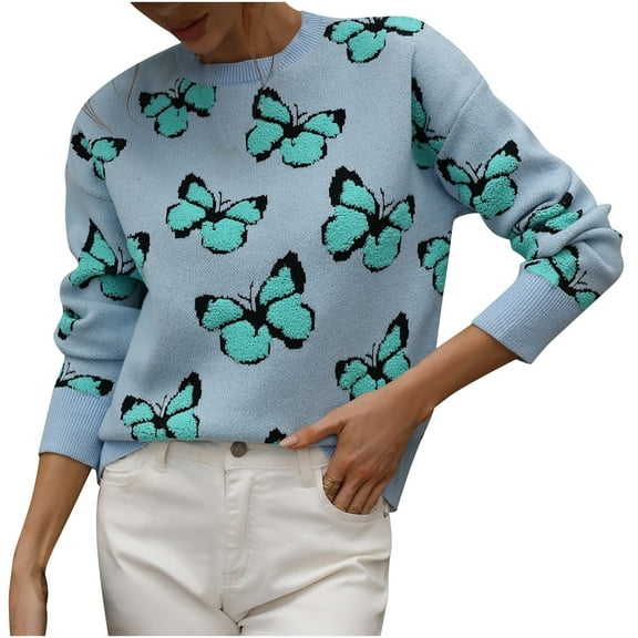 Fesfesfes Women Sweaters Long Sleeves Round Neck Butterfly Print Loose Tops Blouse Knitted Sweater Clothes Sale
