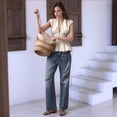 thumbnail image 5 of Women V Neck Tank Tops Smocked Zipper Sleeveless Vest Pleated Peplum Shirts Cream White S, 5 of 9