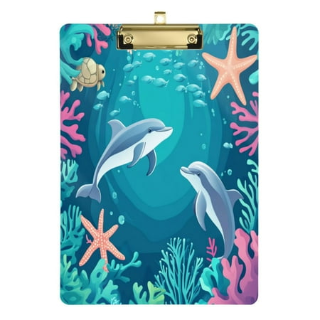 Wobogo Dolphin Playful Picture Acrylic A4 Clipboards Gold Clip Stardard Size 9×12.5in Office Decorative for Students Workers