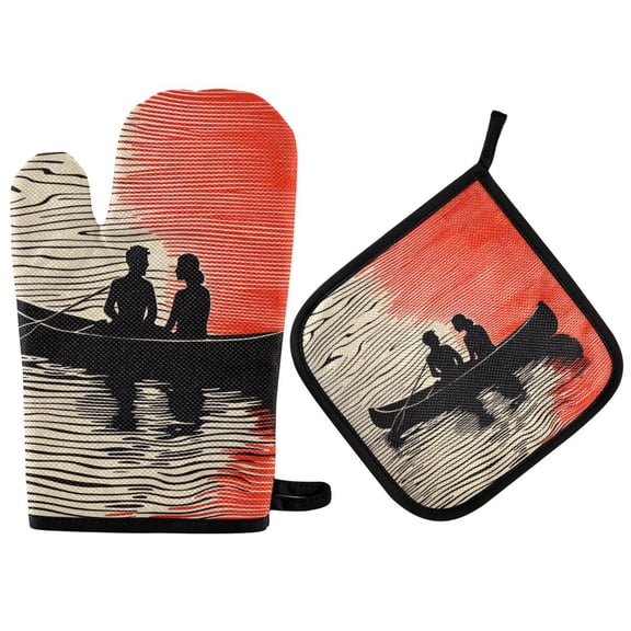 Yayeee Oven Mitts and Pot Holder Set of 2 Heat Resistant Kitchen Gloves Baking Hot Pad, Illusionary Boat
