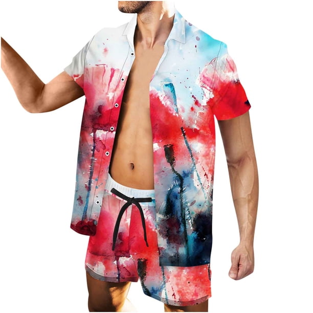Conjunto casual de blusa y pantalones de playa de manga corta con estampado de botones para hombre Pompotops oipoqjl36112