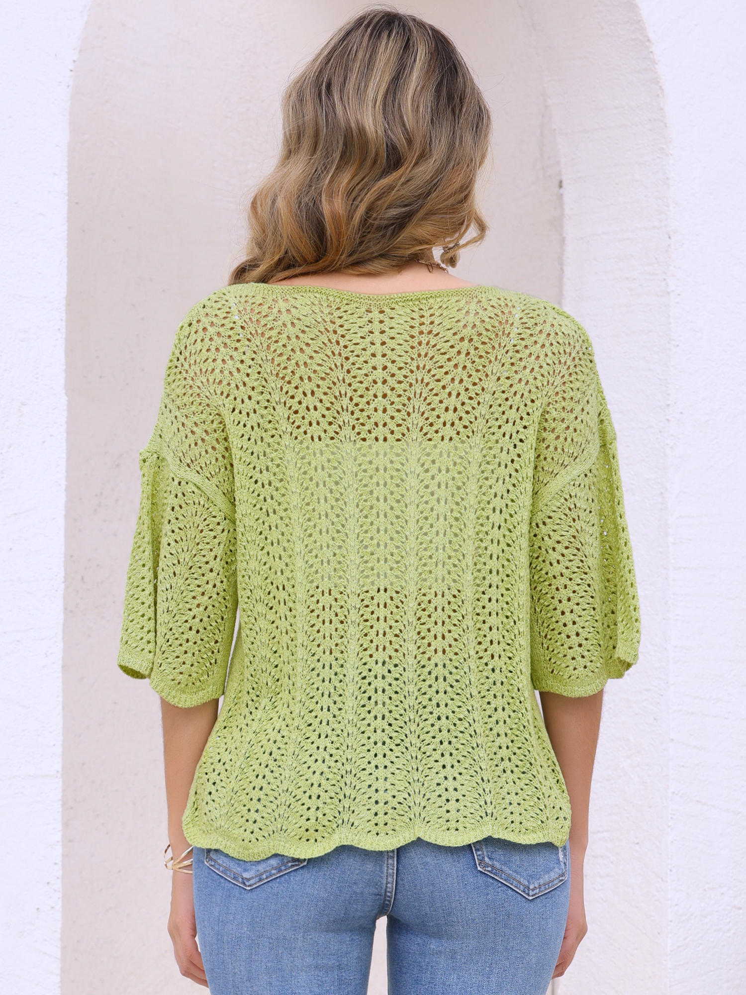 DARING DIVA Women's Crochet Hollow Out Knit Half Sleeve Cover Up Top L Mustard Green