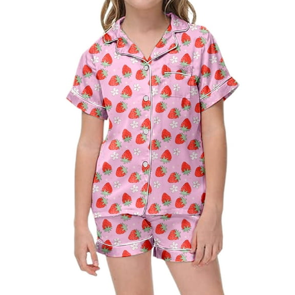 Strawberry Pattern Kids Boys and Girls Pattern Printed Short Sleeve Button Down Pajamas Shorts Set Sleepwear Outfits Size 6-7 Years