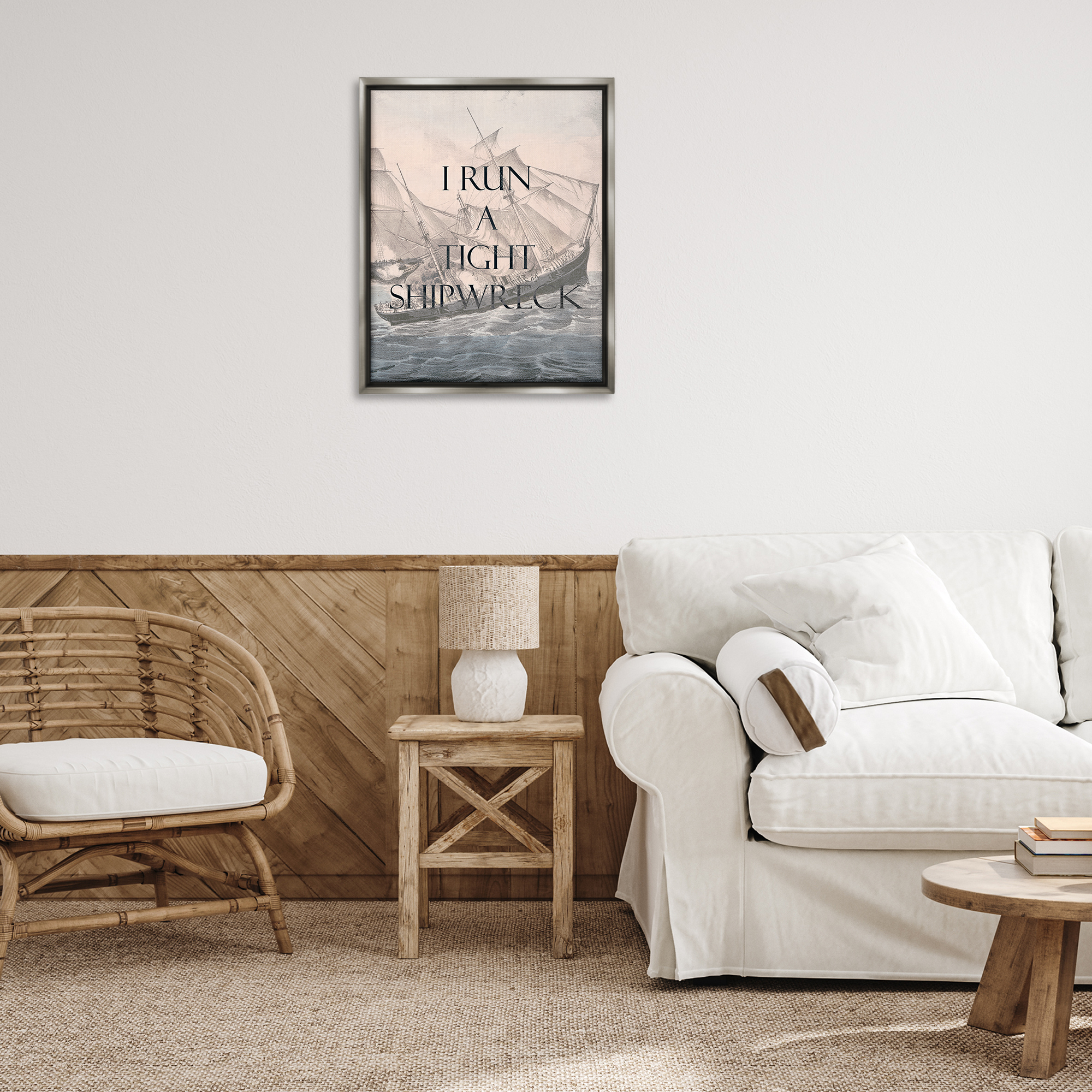 Stupell Industries Run A Tight Shipwreck Nautical & Beach Painting Gray Floater Framed Canvas Art Print Wall Art, 25 x 31