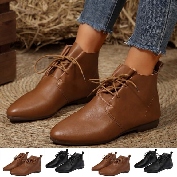 Crunowin Women's Ankle Boots, Pointed Toe Plus Size Flat Chelsea Low Heel Trendy Shoes Brown 7