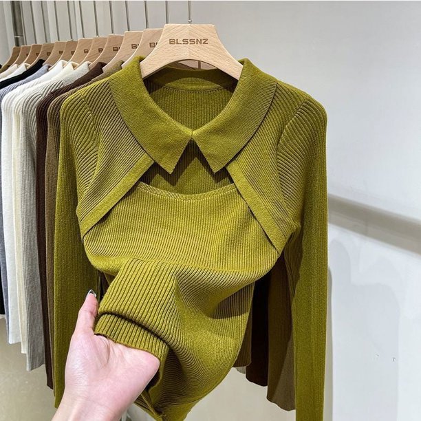 Women Clothing Fashion Polo Collar Hollow Out Knit Pullover Autumn Elegant Sexy Solid Patchwork Sweater Chic Y2K Long Sleeve Top