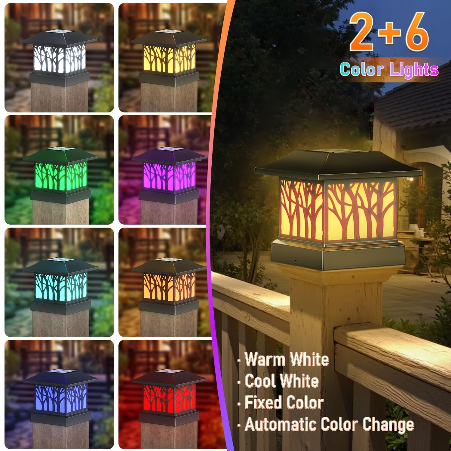 12 Pack Solar Post Cap Lights, Outdoor Fence Solar Powered Cap with 4 Lighting Modes Waterproof Light Decorative for Deck Patio or Garden Decor, Fits 4x4 Wood Vinyl Posts (Tree-Pattern Design)