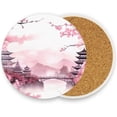 thumbnail image 2 of Asian Style Pink Coaster, Drinks Round Absorbent Stone Set with Ceramic Stone and Cork Base, Tabletop Protection Mats and Cups Place for 4PCS Home Decor, 2 of 5