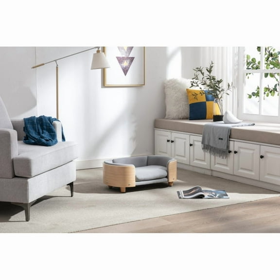 LivelyAant Scandinavian Style Elevated Dog Bed, Pet Sofa with Solid Wood Legs, Bent Wood Back & Velvet Cushion, Small Size
