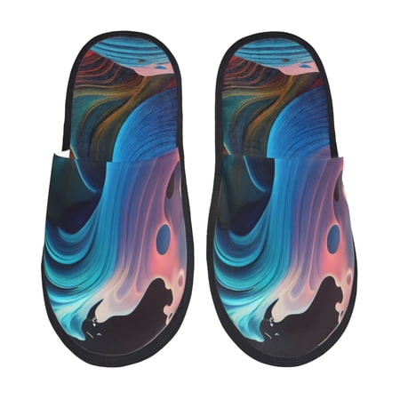 Balery Vibrant Fluid Motion Art Slient Indoor Furry Fleece Comfort House Shoes Soft Non-Slip Home Shoes Cotton slippers House Slippers-- Medium