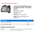 thumbnail image 2 of Left Driver Side Headlight Assembly - Compatible with 2001 - 2004 Toyota Tacoma 2002 2003, 2 of 2