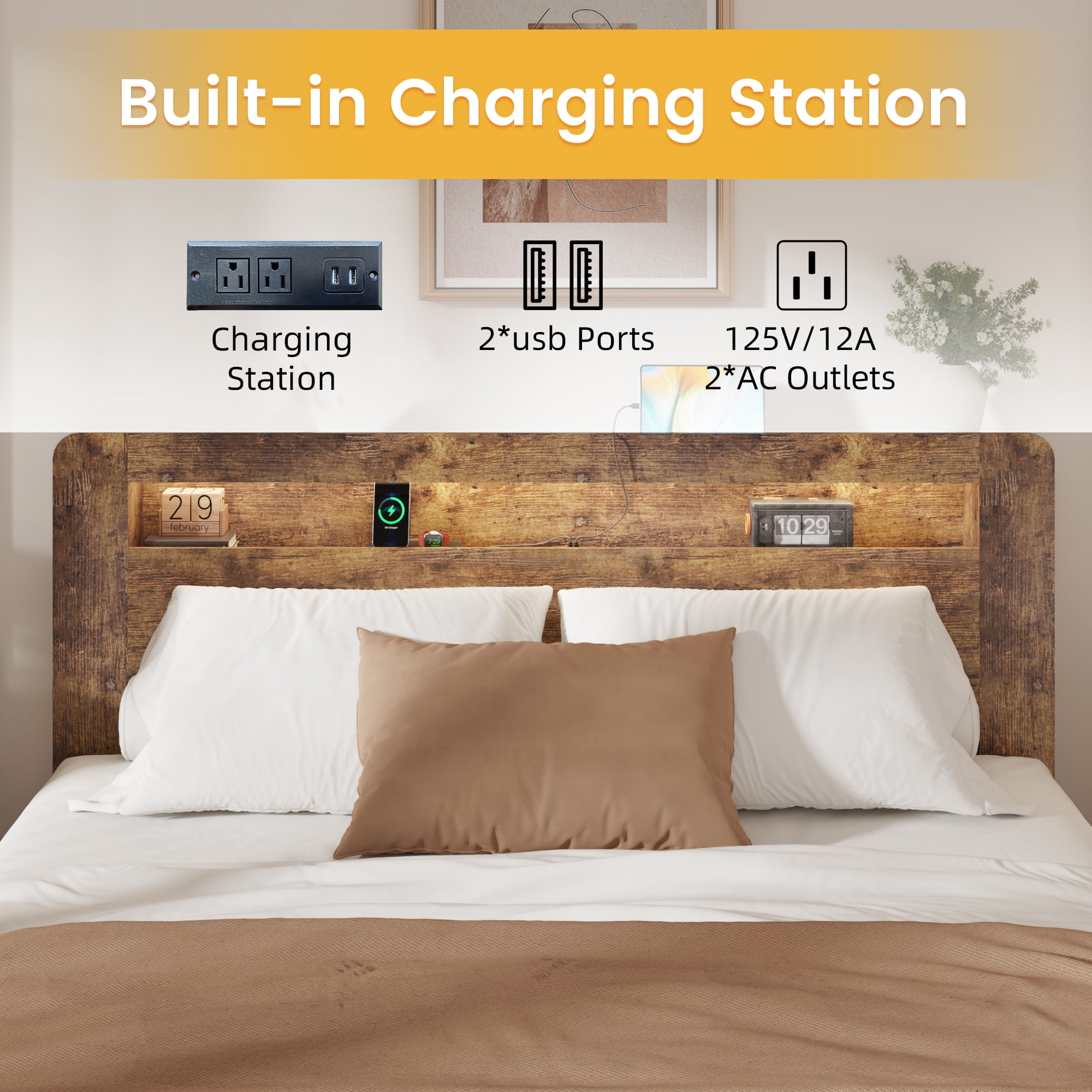 Wooden King Bed Frame with Storage Headboard, Modern Rustic Farmhouse Platform Bed with Charging Station, LED Light, No Box Spring Needed, Noise Free, Easy Assembly, Vintage Brown