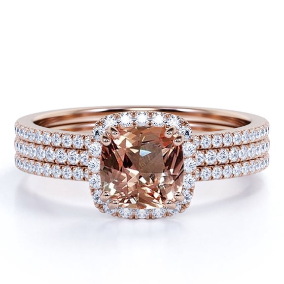 JeenMata 2 Carat Cushion Cut created morganite and Moissanite Halo Trio Wedding Ring Set in Rose Gold