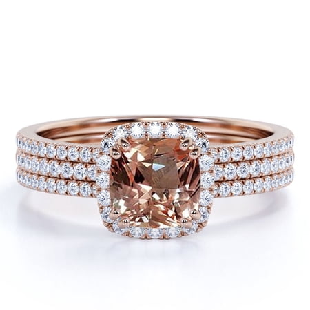 JeenMata 2 Carat Cushion Cut created morganite and Moissanite Halo Trio Wedding Ring Set in Rose Gold