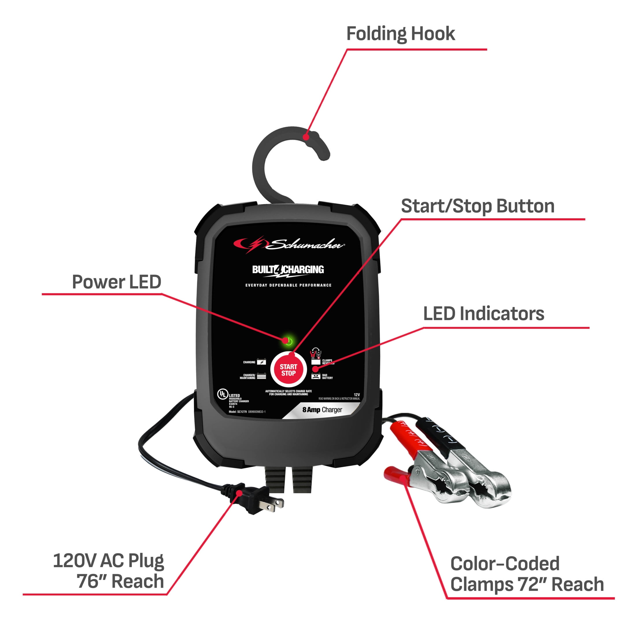 Schumacher Electric 8A Car Battery Charger and Maintainer, 3-in-1 Solution, 12V Sport, Auto, and Marine Batteries, SC1279