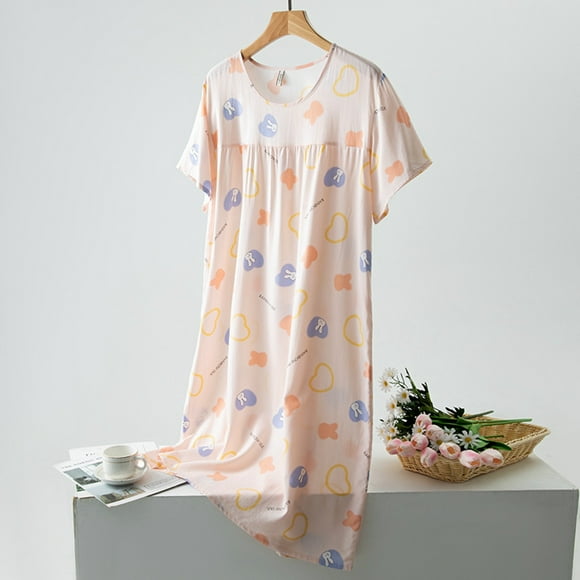 SHIXIAOO Women's Summer Sleepshirt Short Sleeve Round Neck Nightgown Casual Home Loungewear Comfortable Soft Printed Sleep Dress for Women Women Flannel Pajama Shirt Silk Nightgown