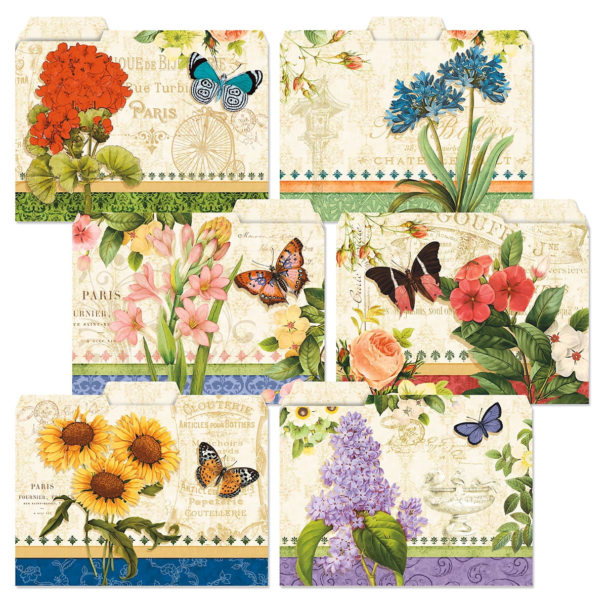 Current Grande Fleur File Folders - Set of 24 (6 Designs) 1/3 Cut Staggered Tabs, Letter-Size Value Pack