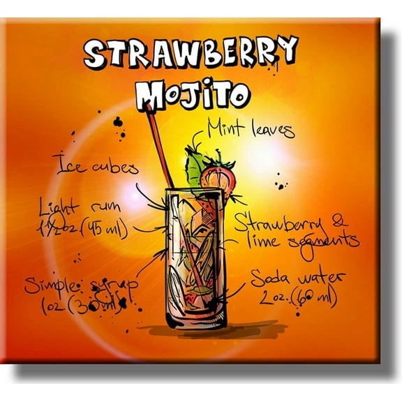 Strawberry Mojito Cocktail Recipe Picture on Stretched Canvas, Wall Art Decor, Ready to Hang!