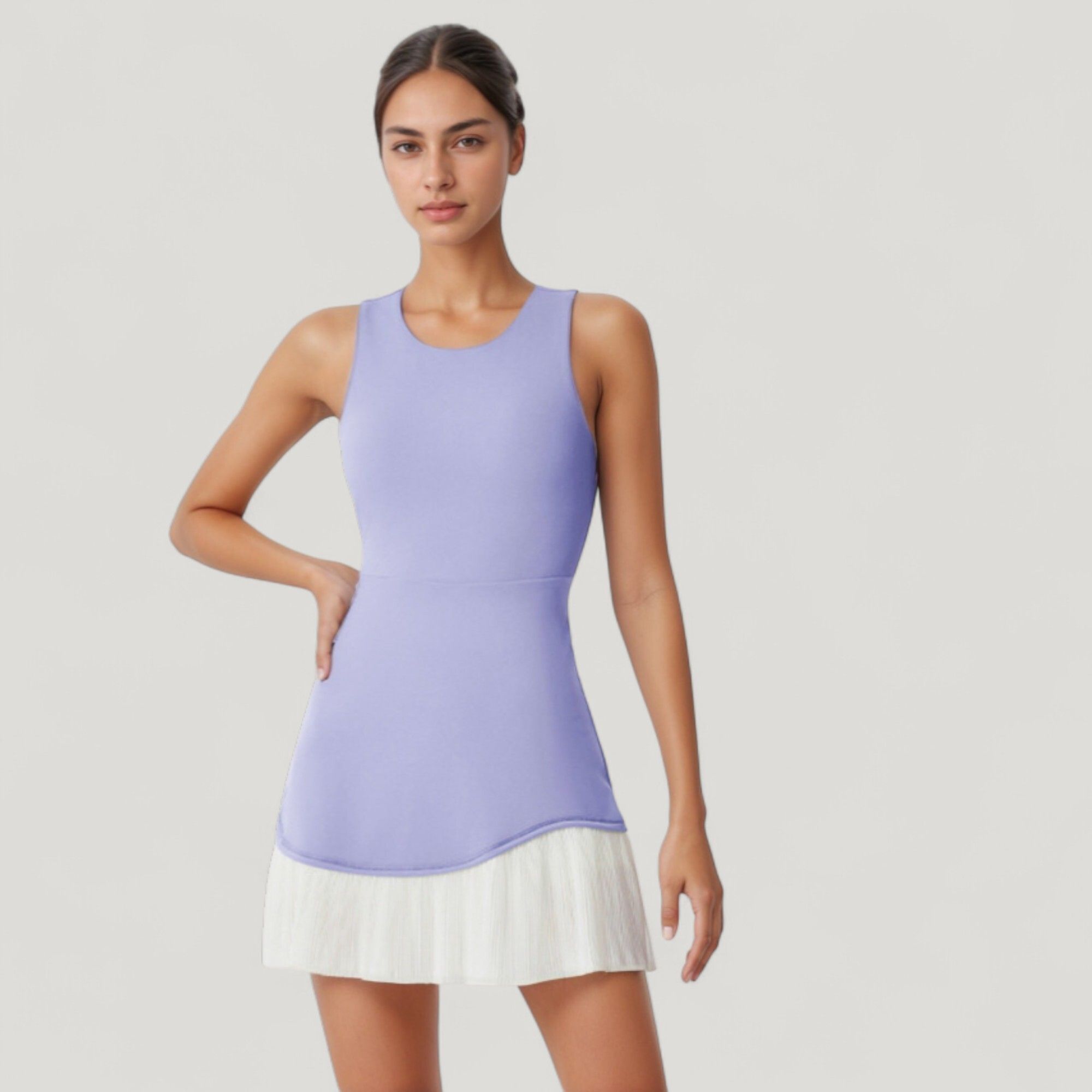Women's Sleeveless Tennis Dress with Scoop Neck Fitted Bodice and Contrast Pleated Hem - Large, Lavender