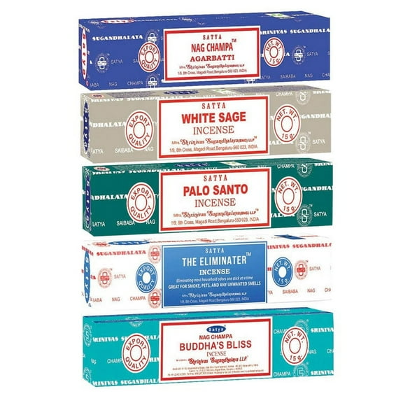 Cleansing Set 5 Packs Satya Nag Champa Incense Stick Packs - Hand Rolled & Non-Toxic - Total 75 Sticks | Home Fragrance Gift Pack 15g (Assorted Pack)