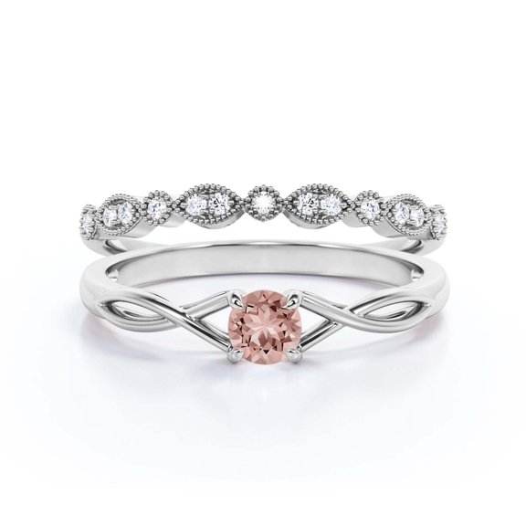Infinity Loop Minimalist 1.00 Carat Round Cut Morganite Engagement Ring, Twisted Wedding Band in10k Solid White Gold, Promise Ring, Anniversary Gift, Bridal Set, Matching Band