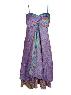 Mogul Women Pink,Blue Vintage Recycled Sari Printed Sundress Layered Spaghetti Strap Beach Summer Dresses S/M