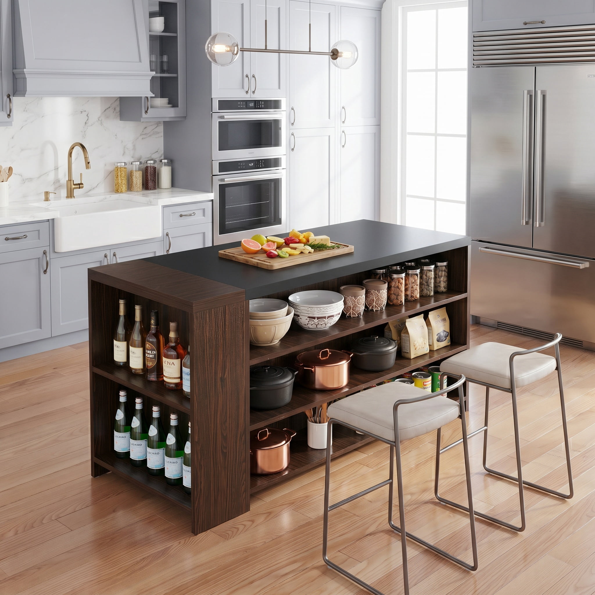 Fnova 55" Kitchen Island with 5 Shelves, Farmhouse Stationary Island Table, Large Stationary Storage Cabinet for Kitchen Dining Room, Dark Brown
