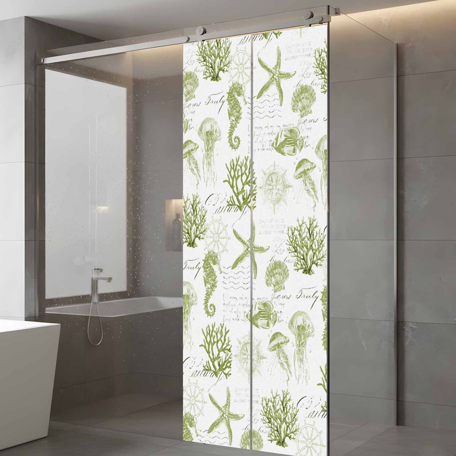 Seahorse Coral Shell Window Privacy Film, Starfish Ocean Frosted Glass Window Clings Static Cling UV Heat Blocking Reusable Door Sticker for Bathroom 23.6 x 59 Inch
