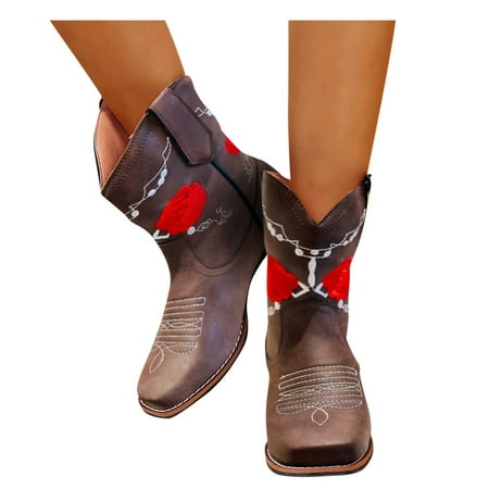 

Jungdeepe Western Boots For Women Rose Flower Embroidery Cowboy Boots Mid Calf Heel Retro Square Toe Pull On Track Sole Boots inside Shorts Women Short Boots High Heel Snow Rain Boots on Boots