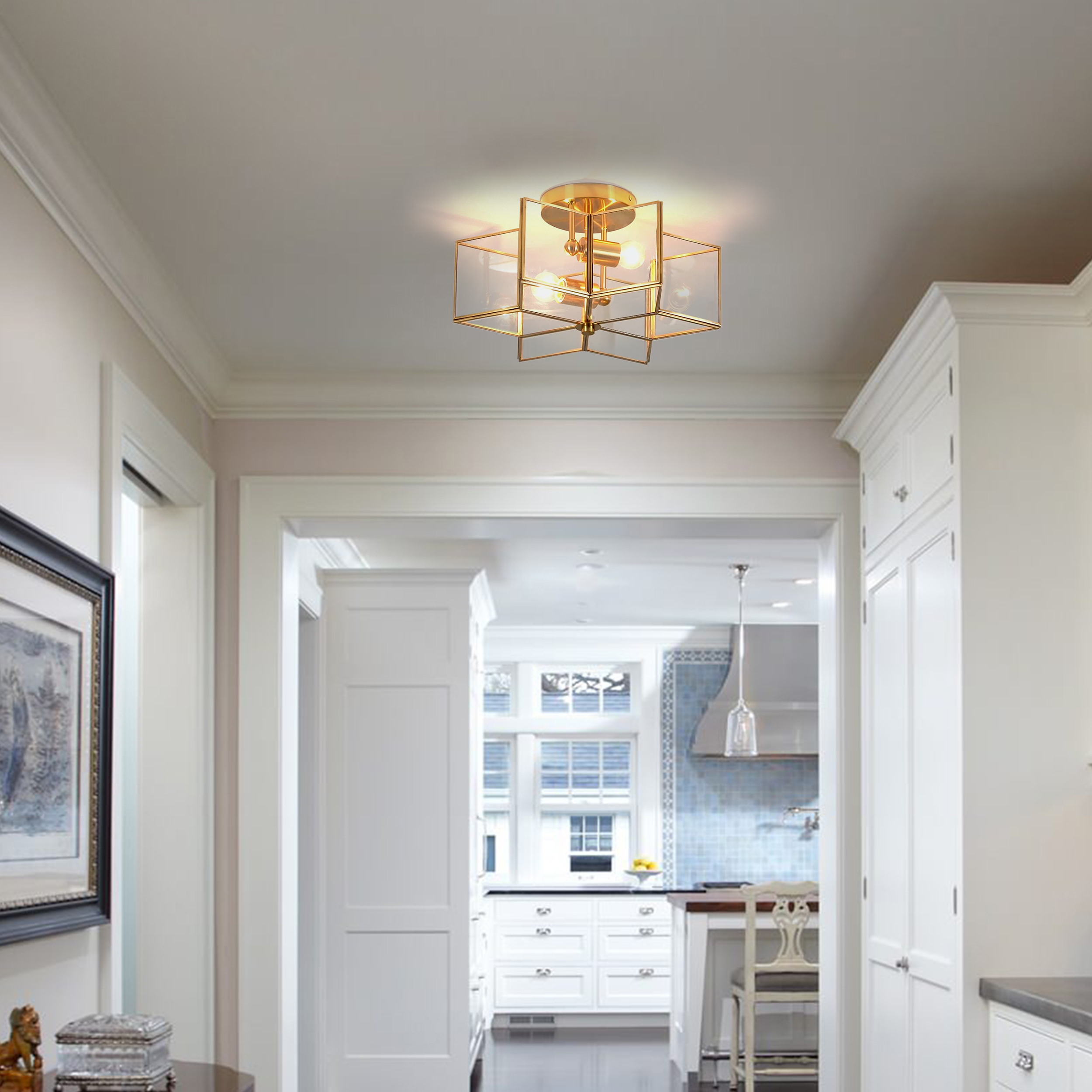 Meluaim Ceiling Light Fixture,  Flush Mount Ceiling Lamp with 2-Lights,Gold Hexagram Stra Shape, Brass Trim Craft