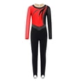 thumbnail image 2 of vastwit Kids Girls Dance Unitard Rhinestone Mesh Splice Long Sleeve Stirrup Bodysuit Gymnastics Skating Jumpsuit Red 6, 2 of 4