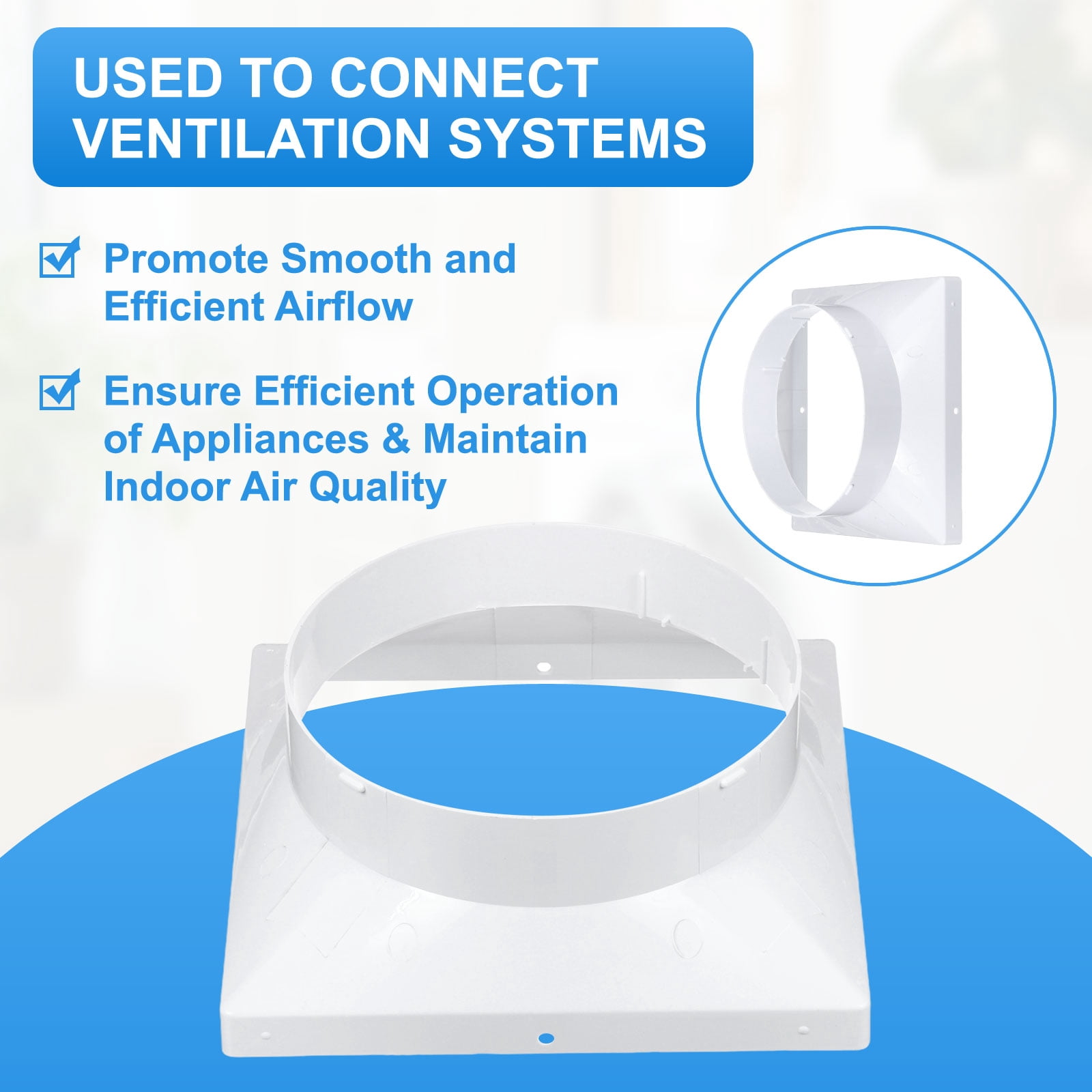 Uxcell 7" to 6" Duct Connector Flange, Plastic Square to Round Straight Dryer Vent Wall Plate for Air Heating Cooling Ventilation System HVAC Exhaust Fan, White