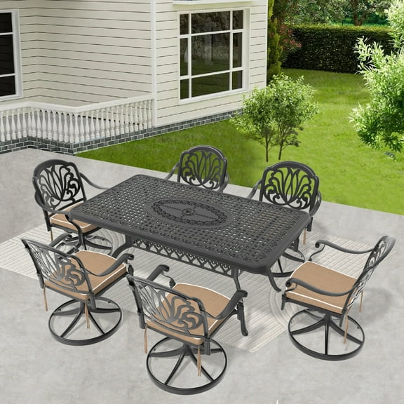 7-Piece All-Weather Cast Aluminum Patio Dining Set | 6 Swivel Chairs with Cushions & Rectangular Table | Black Frame | Outdoor Garden Furniture | Durable & Comfortable