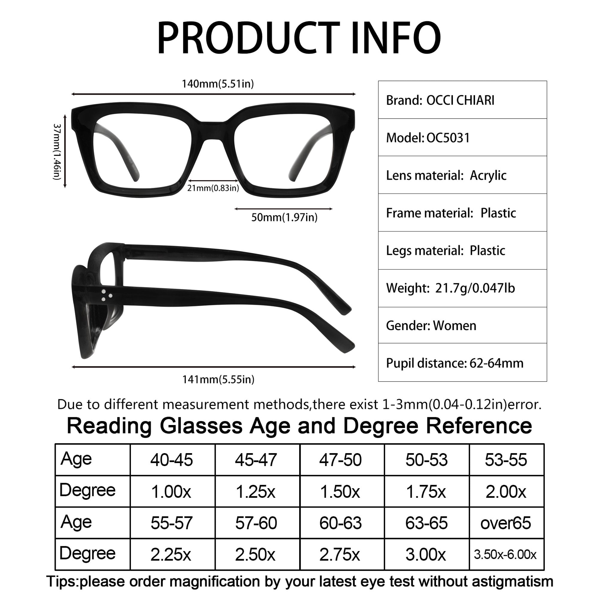 OCCI CHIARI 4.0 Reading Glasses Women Designer Reader 400(1.0 1.25 1.5 1.75 2.0 2.25 2.5 2.75 3.0 3.5 4.0) with Arylic Lens (Black, 400)