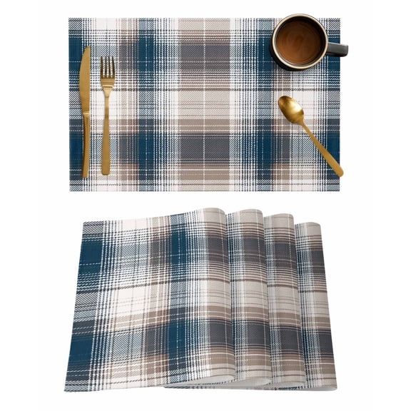 Vintage Plaid Placemats Set of 8 Brown Navy Plaid Texture Abstract Art Heat Insulation Washable Place Mats, Rustic Non-Slip Table Mats for Dining Table Party Kitchen Decor,13x19 Inch