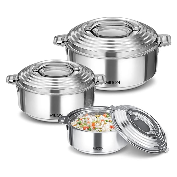 Galaxia Insulated Stainless Steel Casserole Set Of 3 - Silver, 1.2 Liters+ 2.09 Liters+ 2.45 Liters | PU Insulated Kitchen Hot Pot - Keeps Food Hot & Fresh For Roti, Biryani | Easy To Carry, BPA Free