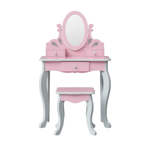 Fantasy Fields Kids Princess Vanity Table Set with Mirror and Stool – Pink/Gray, Rapunzel Theme