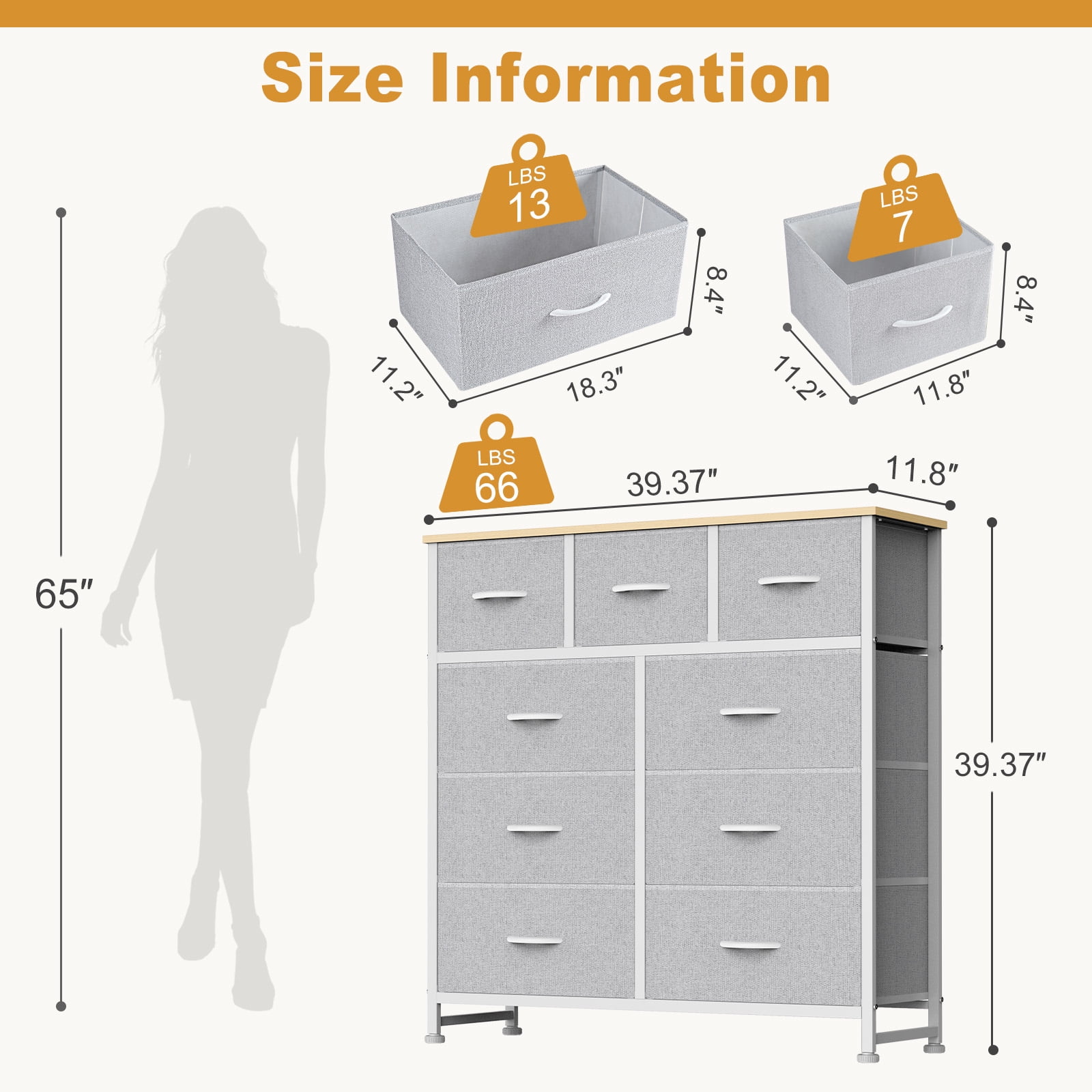 CONCETTA 9-Drawer Fabric Dresser Storage Chest for Bedroom, Closet, Storage Furniture for Adults, Light Gray