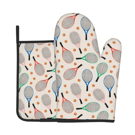 

KLL Cute Tennis Racket Pattern Oven Mitts and Pot Holders 2pcs Sets for Kitchen Oven Mitt Heat Resistant 536°F Oven Gloves for Kitchen Cooking and Baking