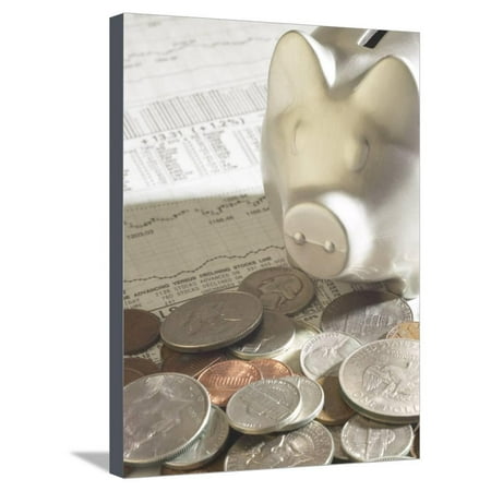 Silver Piggy Bank on Top of Pile of American Coins and Stock Market Report Stretched Canvas Print Wall
