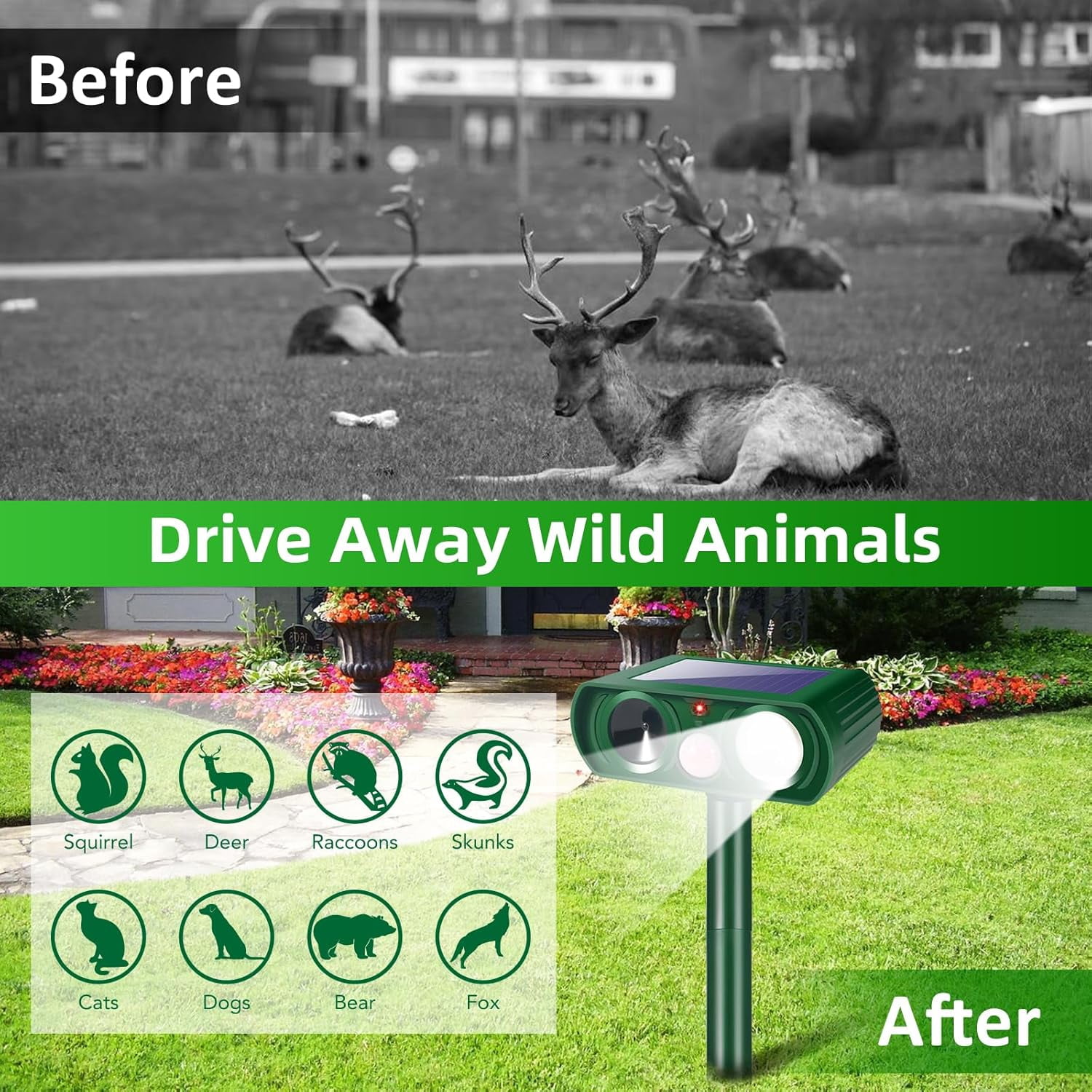 4 Pack Outdoor Solar Ultrasonic Animal Repellent with Motion Sensor Strobe Light for Skunk Raccoon Rabbit Dog Squirrel Fortress Pro for Yard Garden Lawn