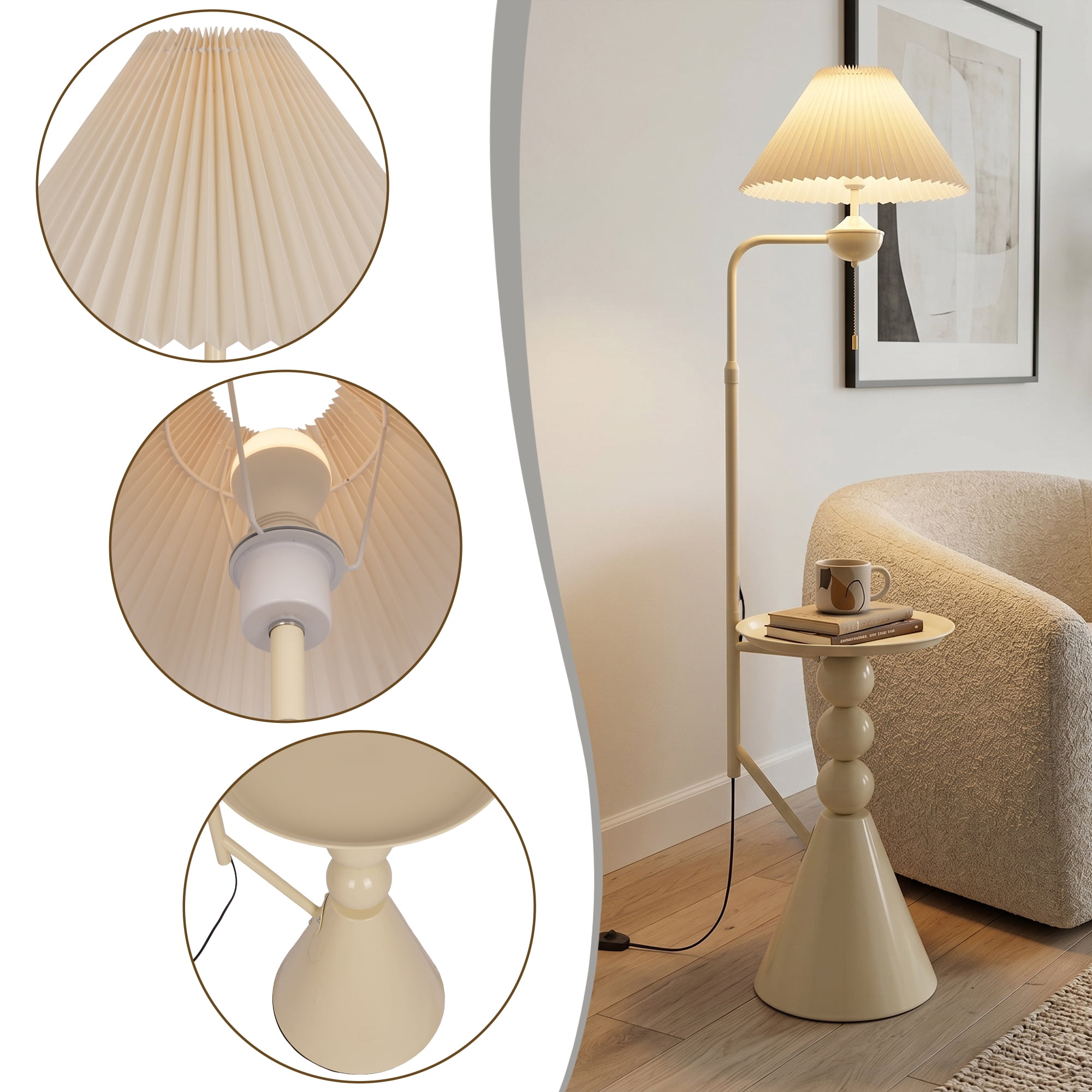 AFANQI15-inch Cream-colored Side Table Floor Lamp with Side Table Design; Suitable for Living Room, Bedroom, and Study; Nordic Minimalist Floor Lamp
