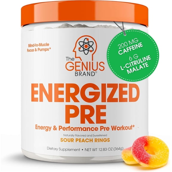 The Genius Brand Genius Energized Pre - Long-Lasting Energy Supplement for Healthy Mind, Endurance, Focus & Muscle Support - Non-GMO - Sour Peach Rings - 20 Servings