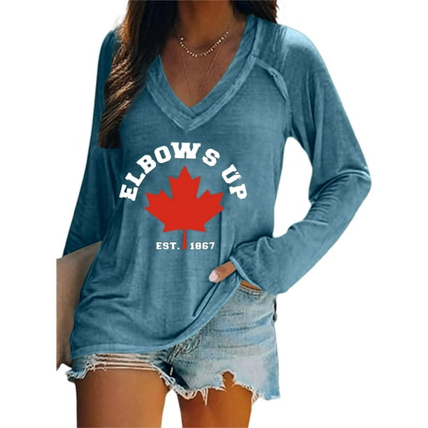 MHFRRA Camiseta de Manga Larga con Cuello En V y Estampado de La Bandera de Canadá para Mujer Azul Claro