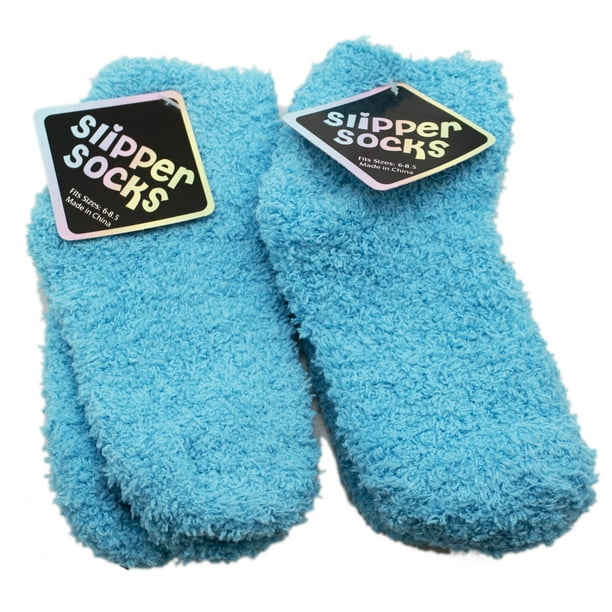 Socks Light Blue Colored Fuzzy Slipper Socks (2 Pairs, Size 68.5