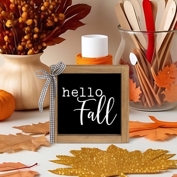 Wooden Hello Fall Sign, Autumn Black Decorative Signage Plaques Decor, Indoor Table Shelf Mantel Tiered Tray Desk Wall Art Rustic Farmhouse Decorations for Home Office
