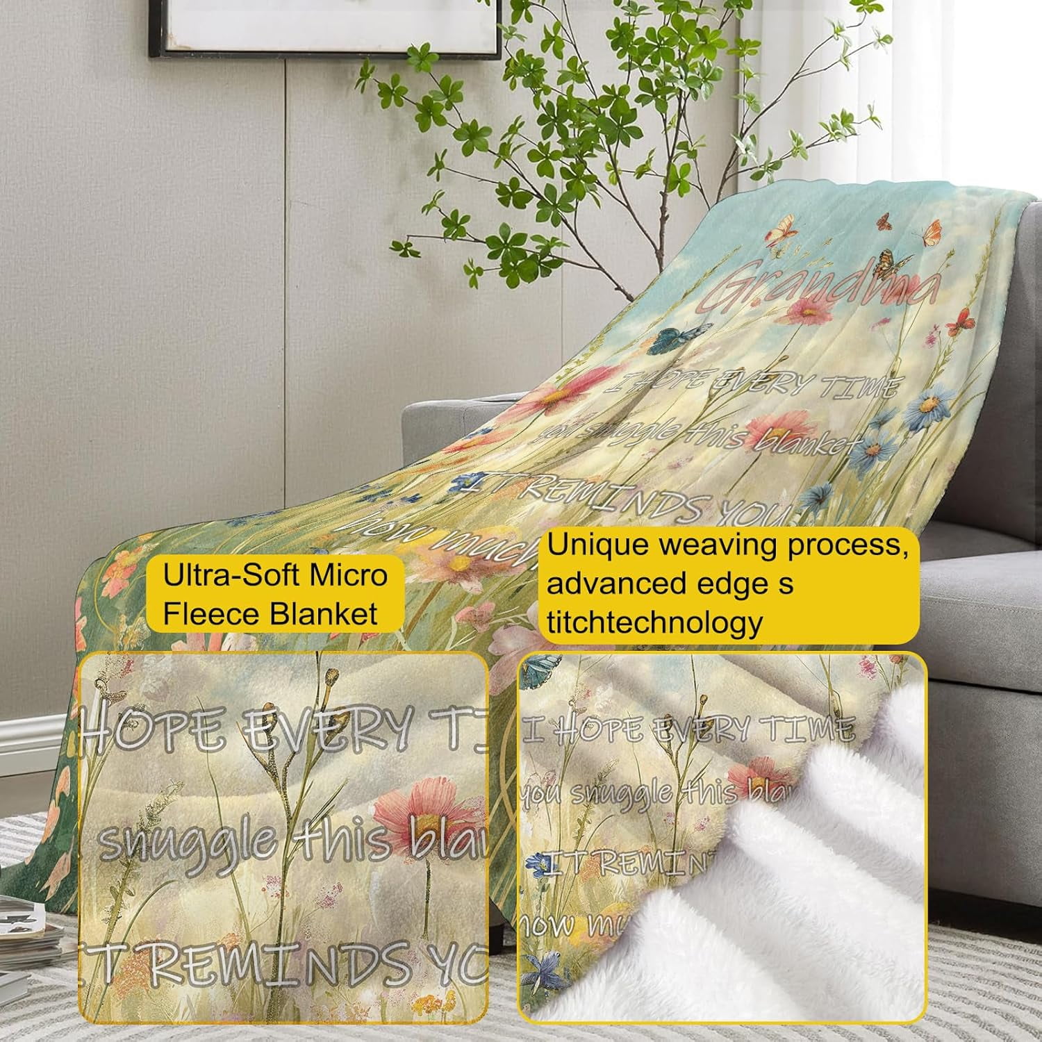Grandma Blanket,Floral Flannel Throw Blankets,Soft Warm Lightweight Cozy Plush Throws for Bedroom Sofa Home Decor Birthday Great Grandma Gifts from Granddaughter 50"x40"
