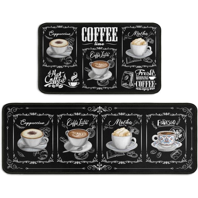 2 Piece Coffee Kitchen Rug Set, Home Farmhouse Black Kitchen Rugs and