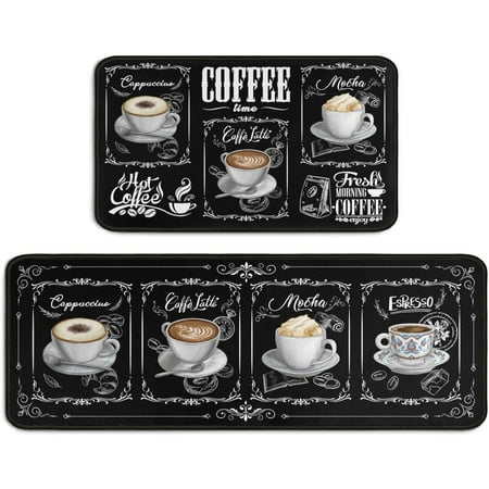 

Sunopas 2 Piece Coffee Kitchen Rug Set Home Farmhouse Black Kitchen Rugs and Mats Washable Non Skid Absorbent Kitchen Floor Decor Mat 17 x 47 +17 x 30